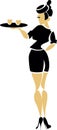 Black and beige stylized silhouette. Flight attendant on a plane with two cups of hot aromatic coffee on a tray â ?????